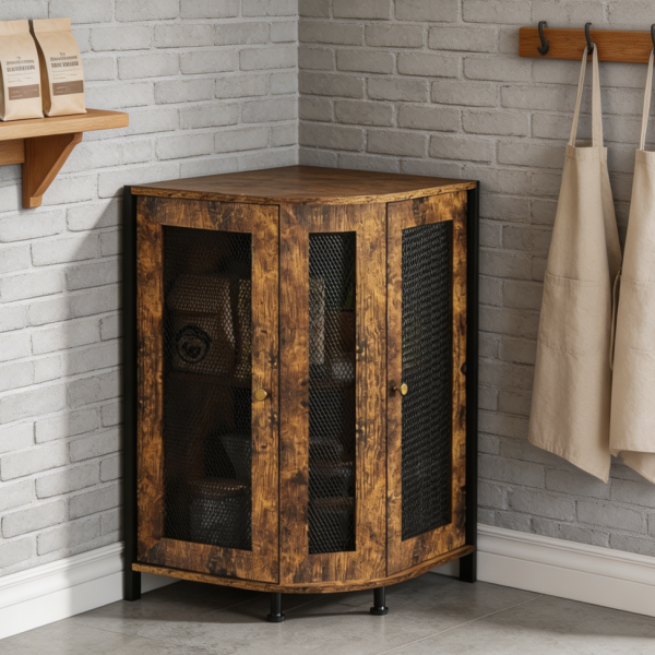 3 Tier Rustic Corner Coffee Bar Cabinet with Countertop
